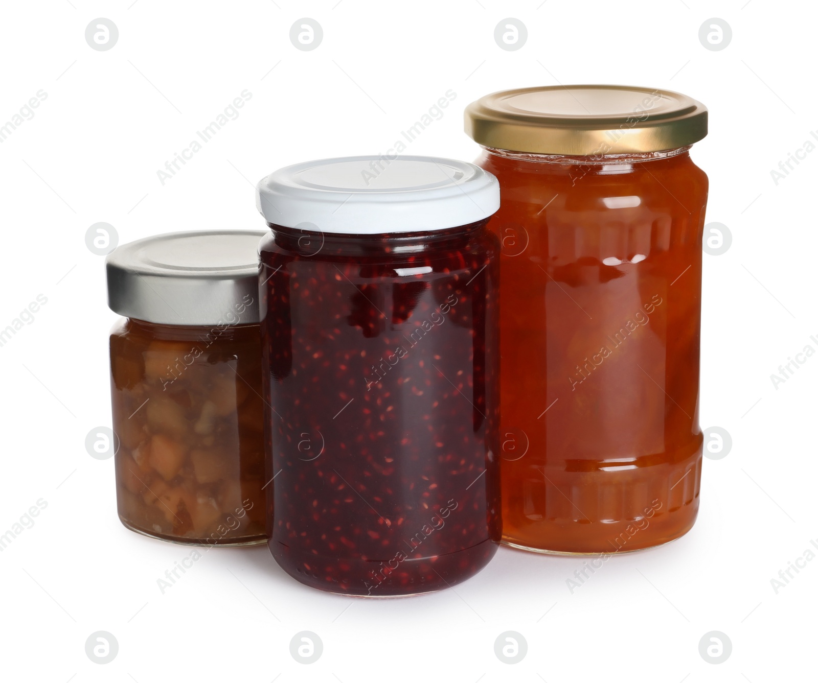 Photo of Jars with different jams on white background