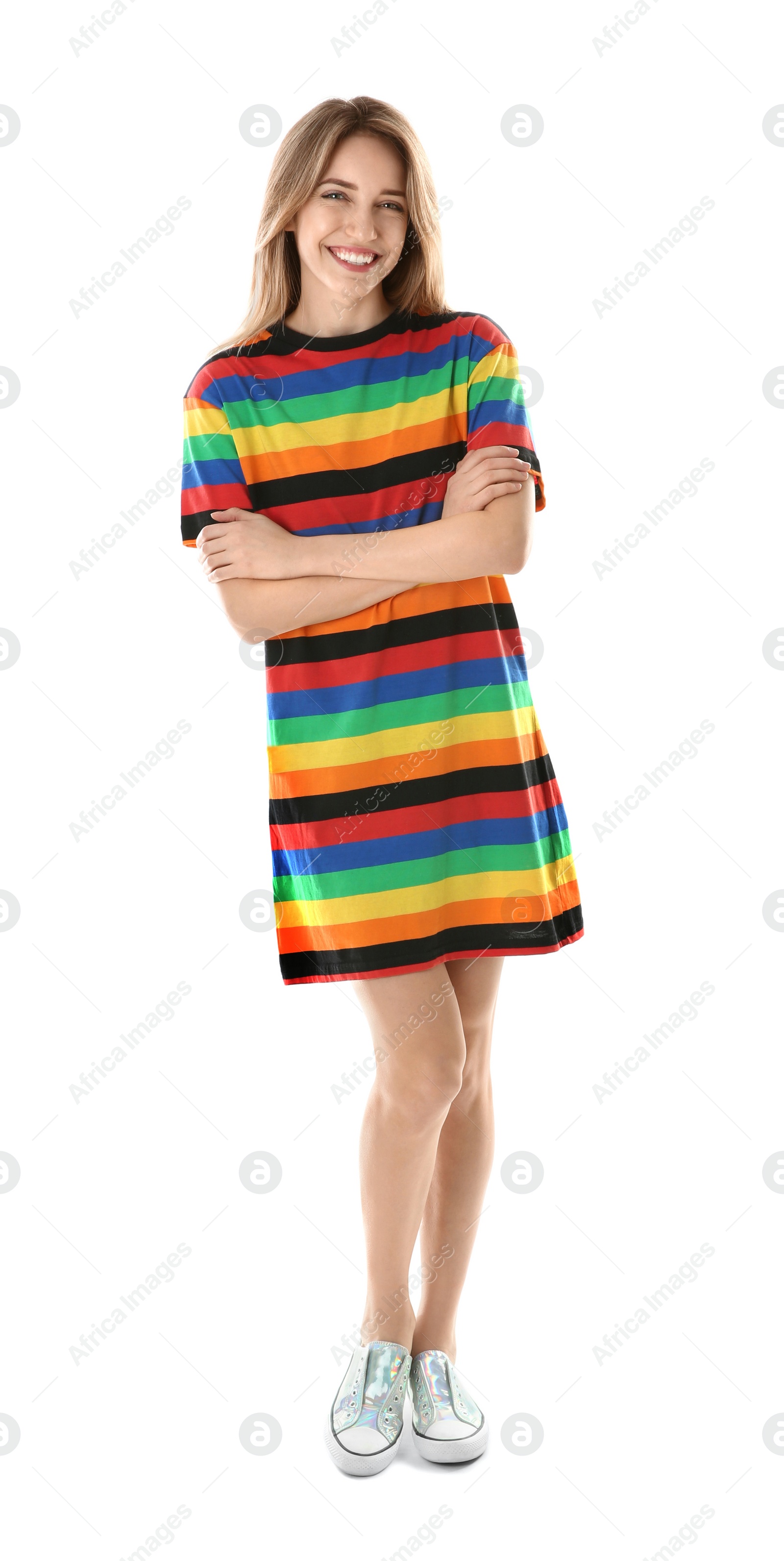 Photo of Full length portrait of pretty woman on white background