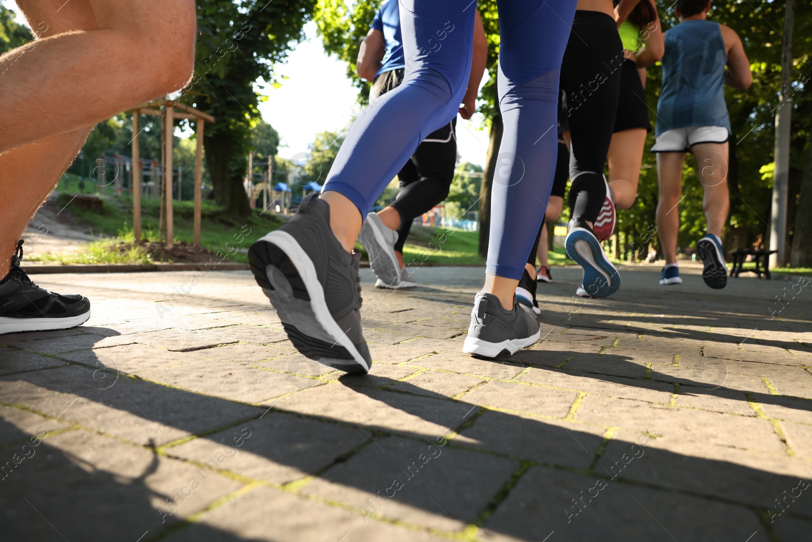 Photo of Group of people running in park on sunny day, closeup