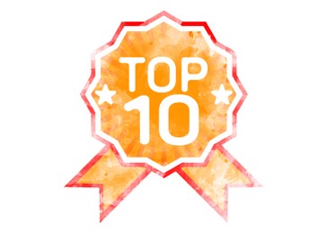 Illustration of Top ten list. Award rosette with word and number 10 on white background