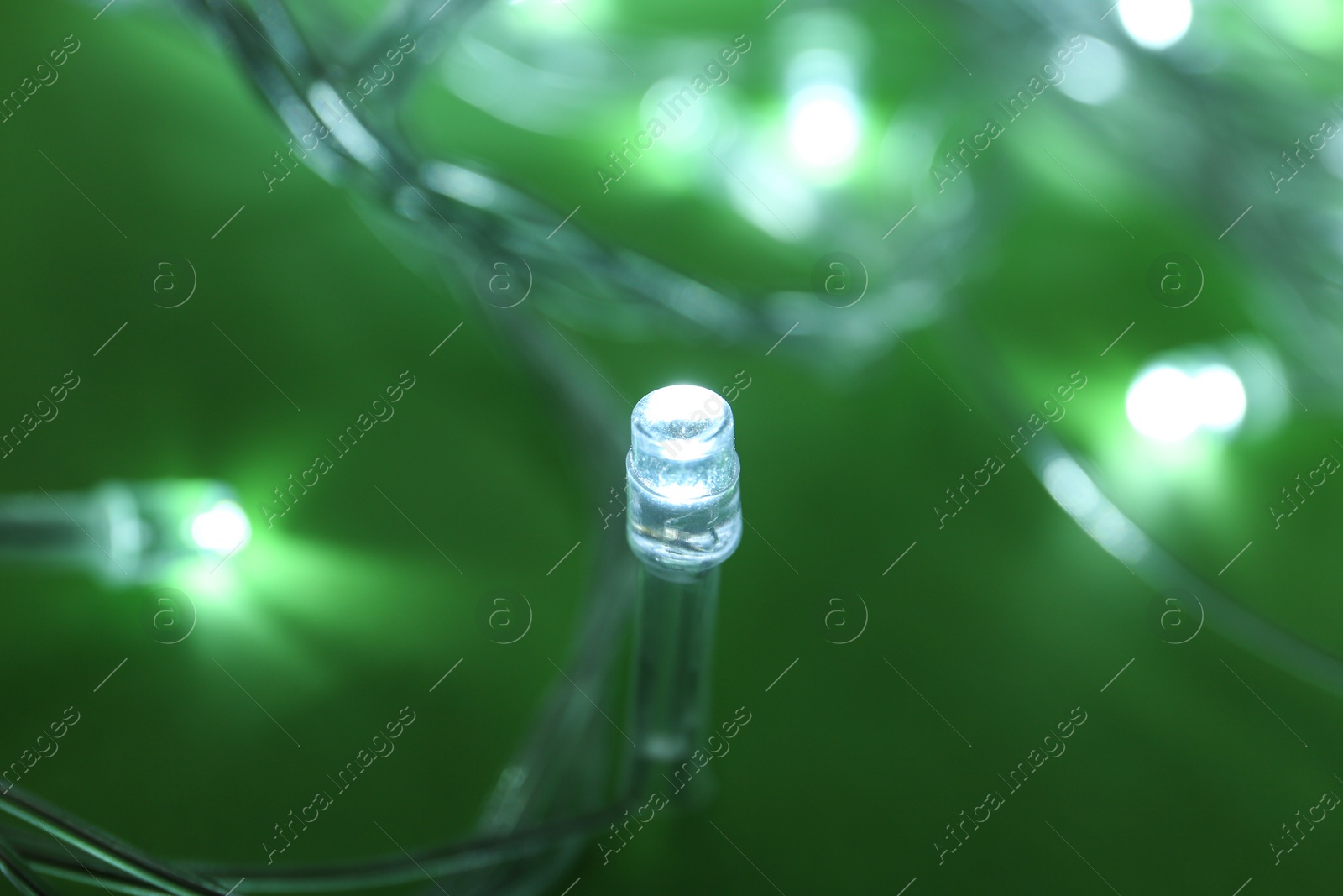 Photo of Glowing Christmas lights on green background, closeup