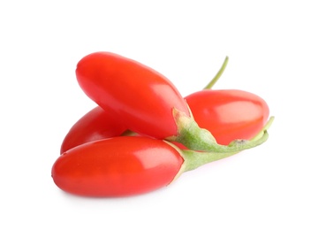 Photo of Fresh goji berries on white background. Healthy superfood