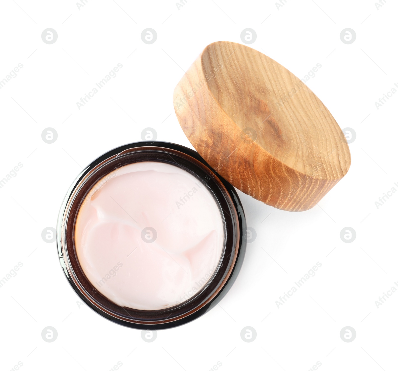 Photo of Jar of face cream isolated on white, top view