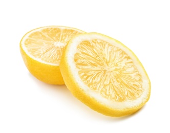 Photo of Slices of ripe lemon on white background