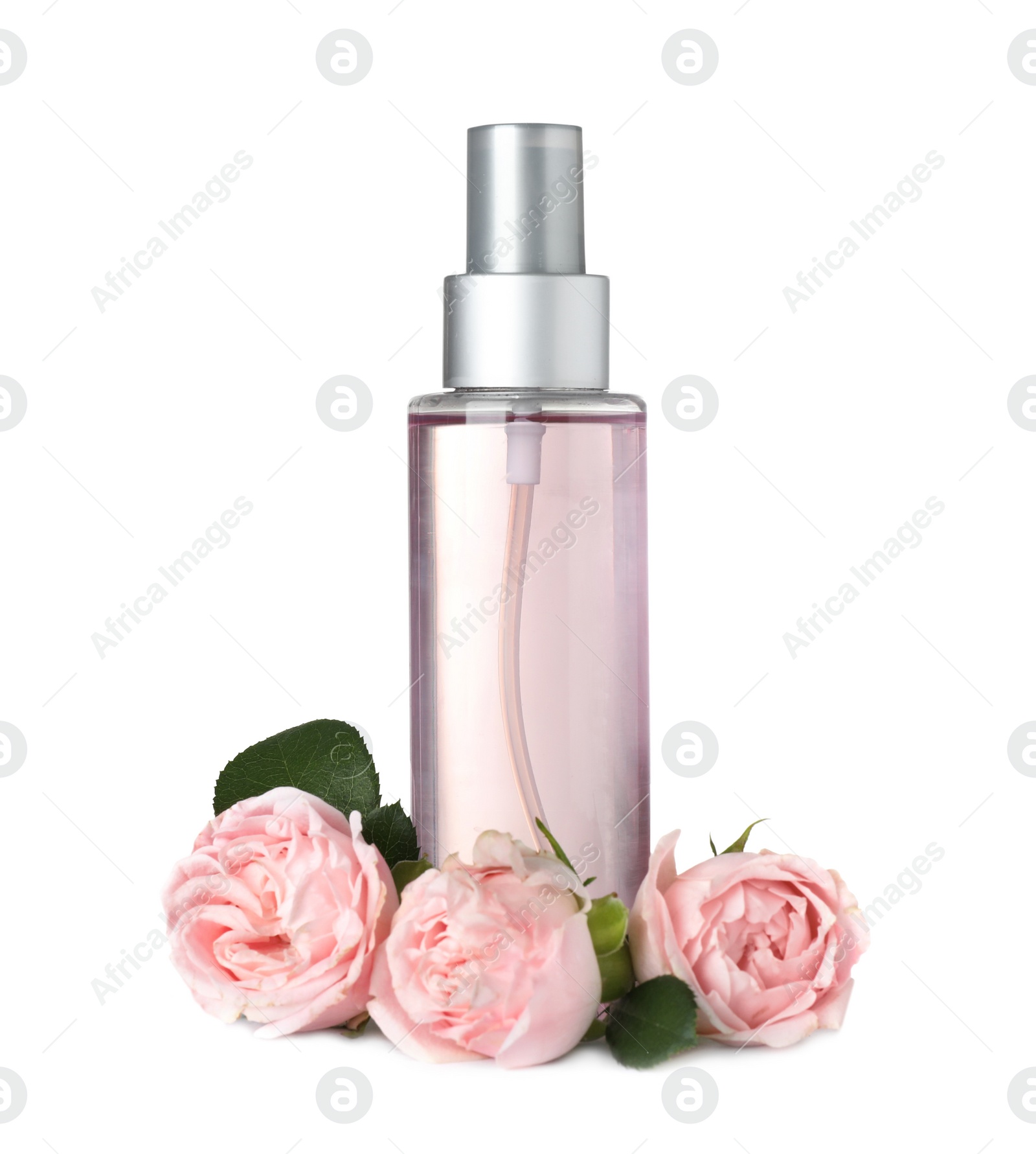 Photo of Bottle with rose essential oil and flowers on white background