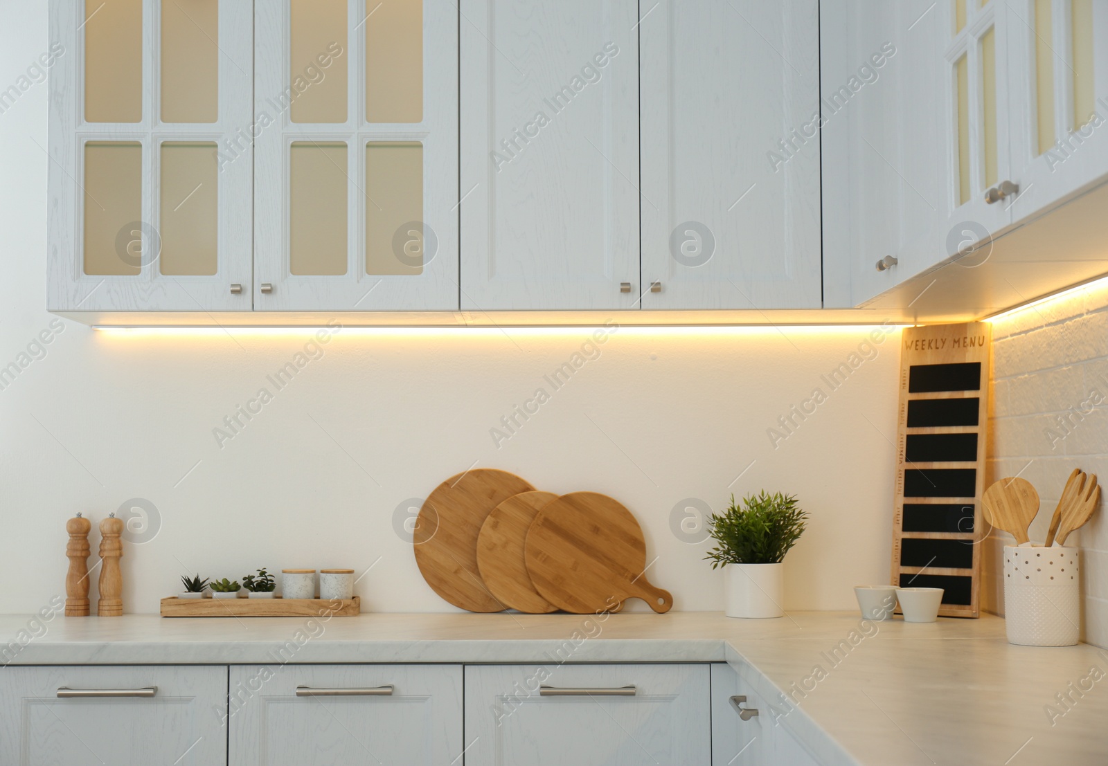 Photo of Kitchenware and houseplant on countertop in modern kitchen