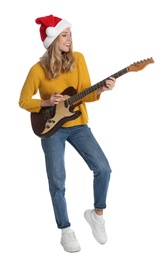 Photo of Young woman in Santa hat playing electric guitar on white background. Christmas music