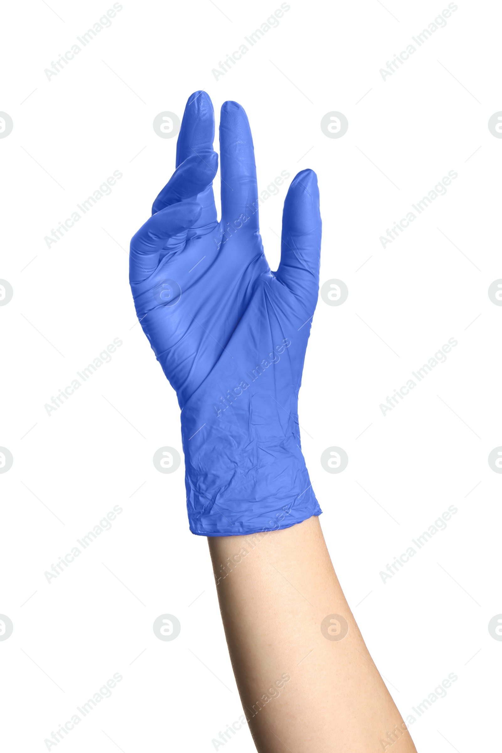 Photo of Woman in blue latex gloves holding something on white background, closeup of hand