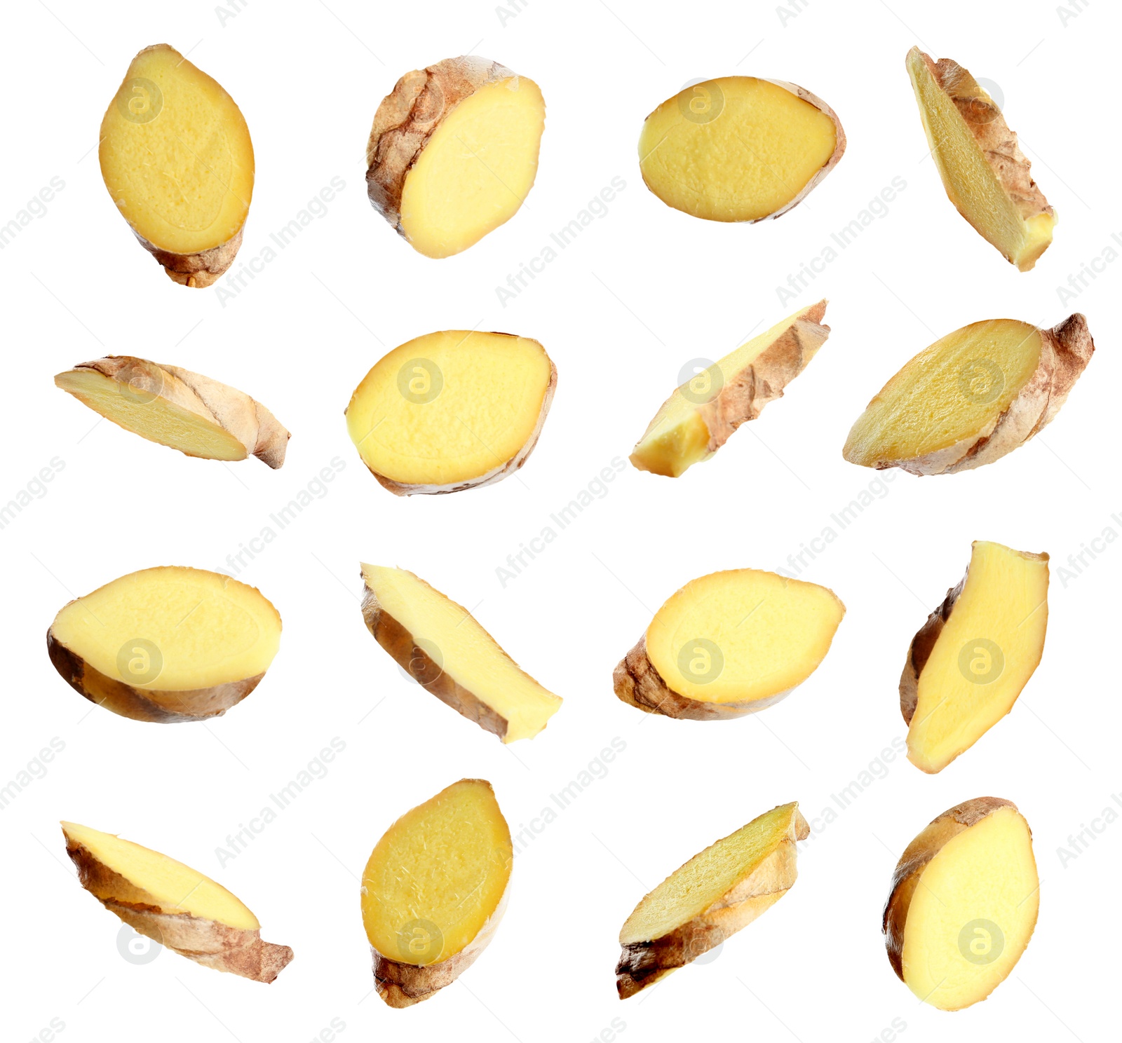 Image of Set of fresh ginger slices on white background