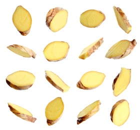 Image of Set of fresh ginger slices on white background