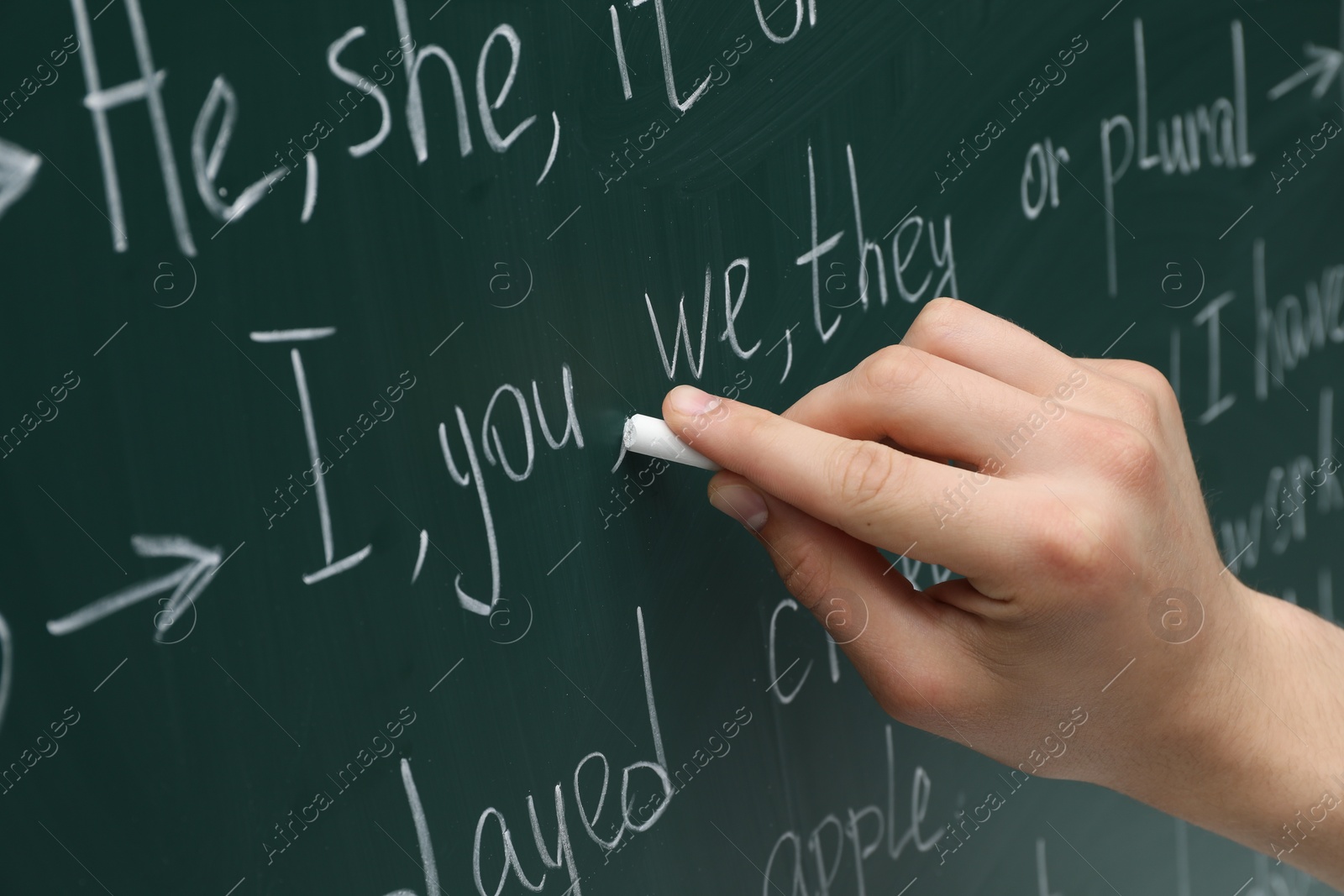 Photo of English teacher writing with chalk on green chalkboard, closeup