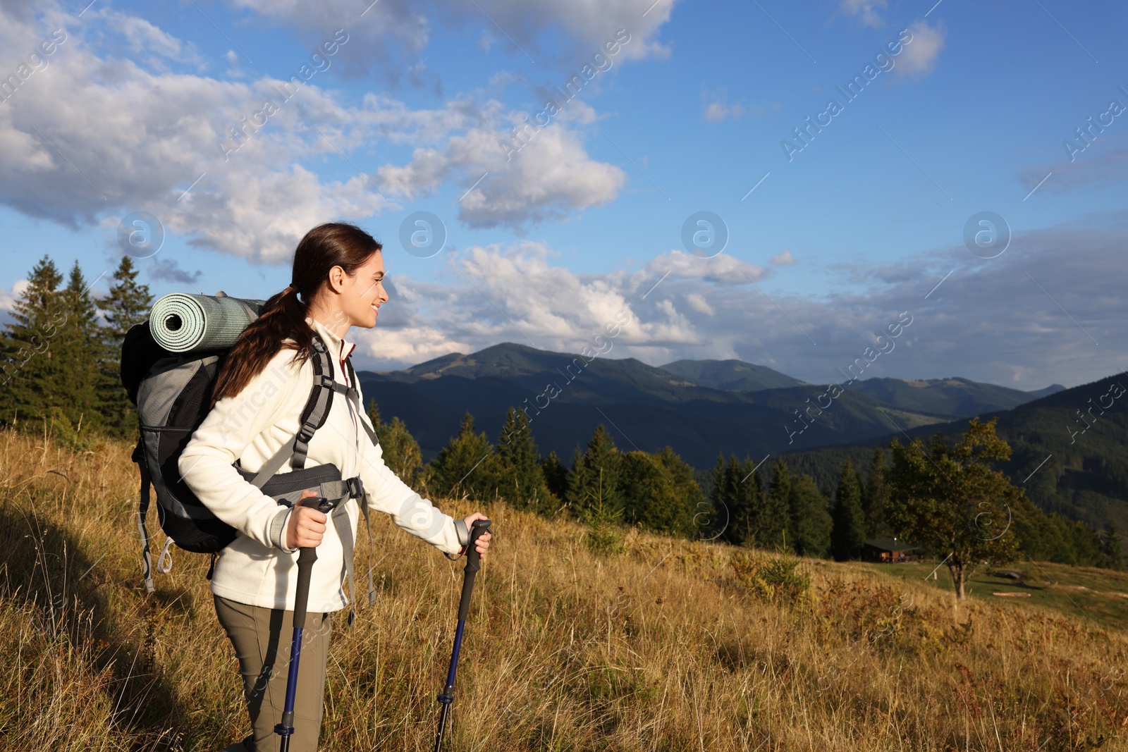 Photo of Tourist with backpack and trekking poles hiking through mountains, space for text