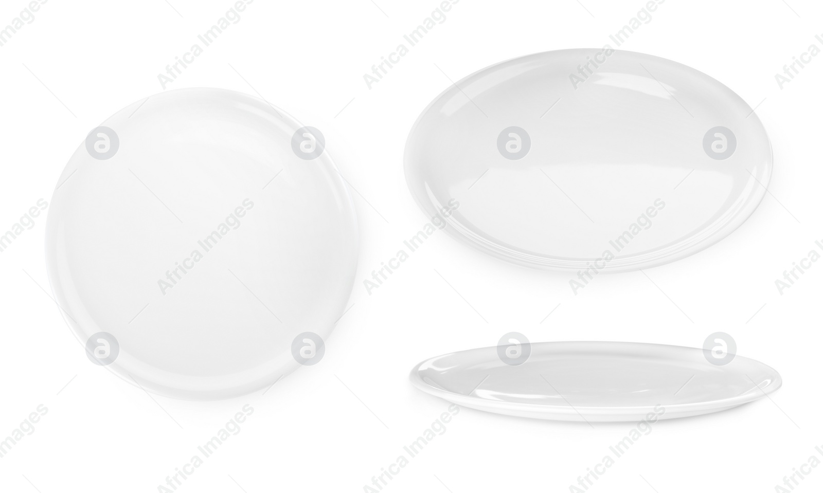 Image of Set with empty plates on white background