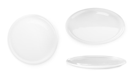 Set with empty plates on white background