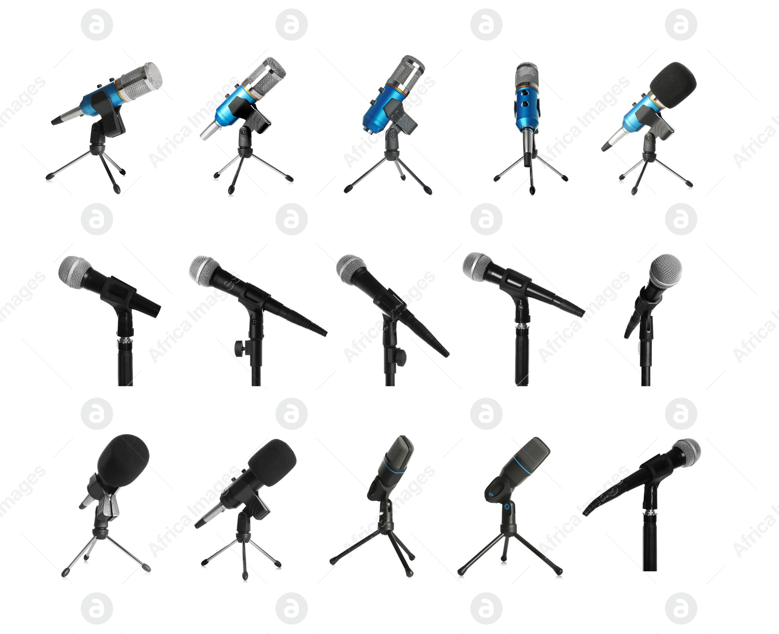 Image of Set of different microphones on white background