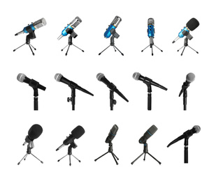 Image of Set of different microphones on white background