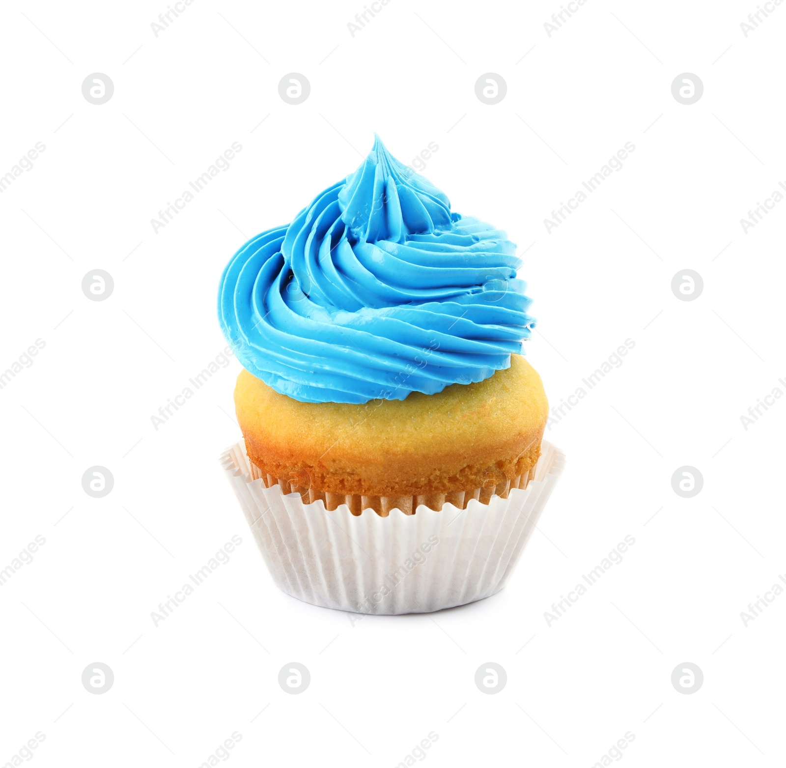 Photo of Tasty birthday cupcake with cream on white background