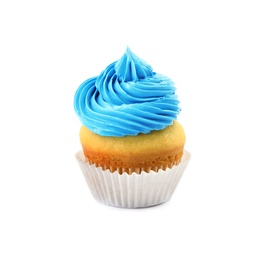 Photo of Tasty birthday cupcake with cream on white background