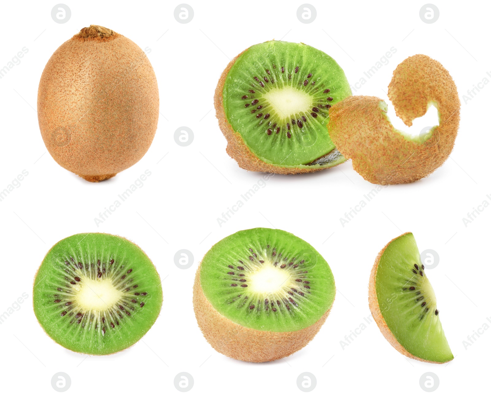 Image of Set with ripe kiwi fruits on white background