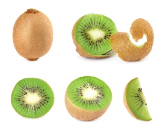 Image of Set with ripe kiwi fruits on white background