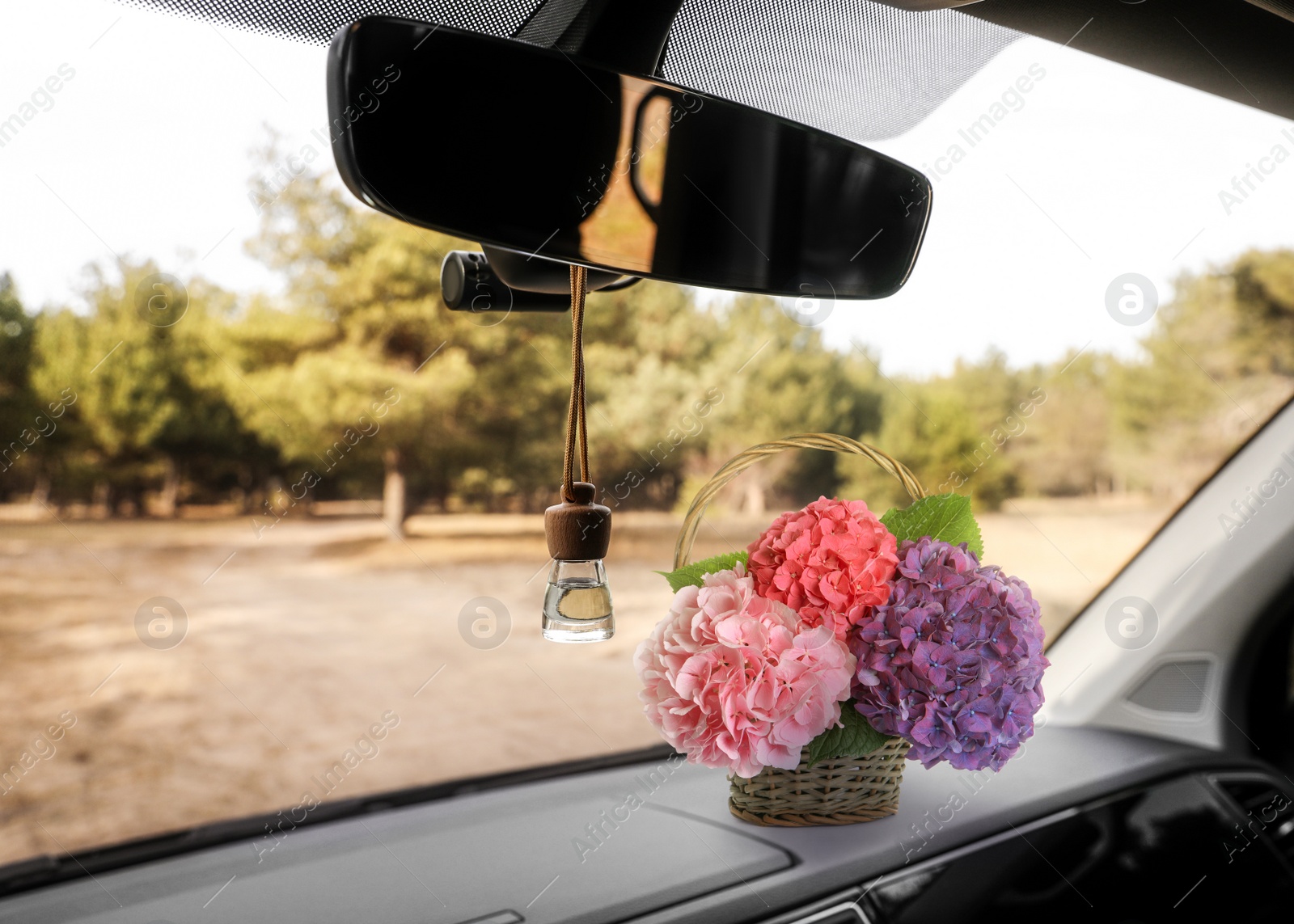 Image of Beautiful flowers and air freshener hanging on rear view mirror in car