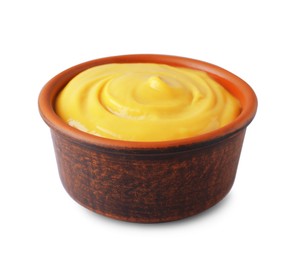 Photo of Bowl with delicious mustard on white background