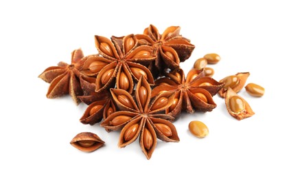 Dry anise stars with seeds on white background