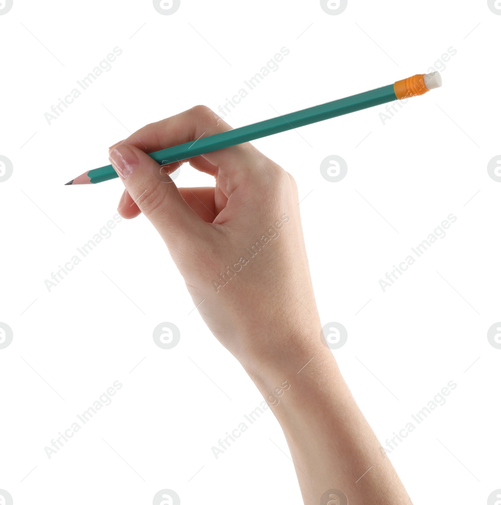 Photo of Woman with graphite pencil on white background, closeup