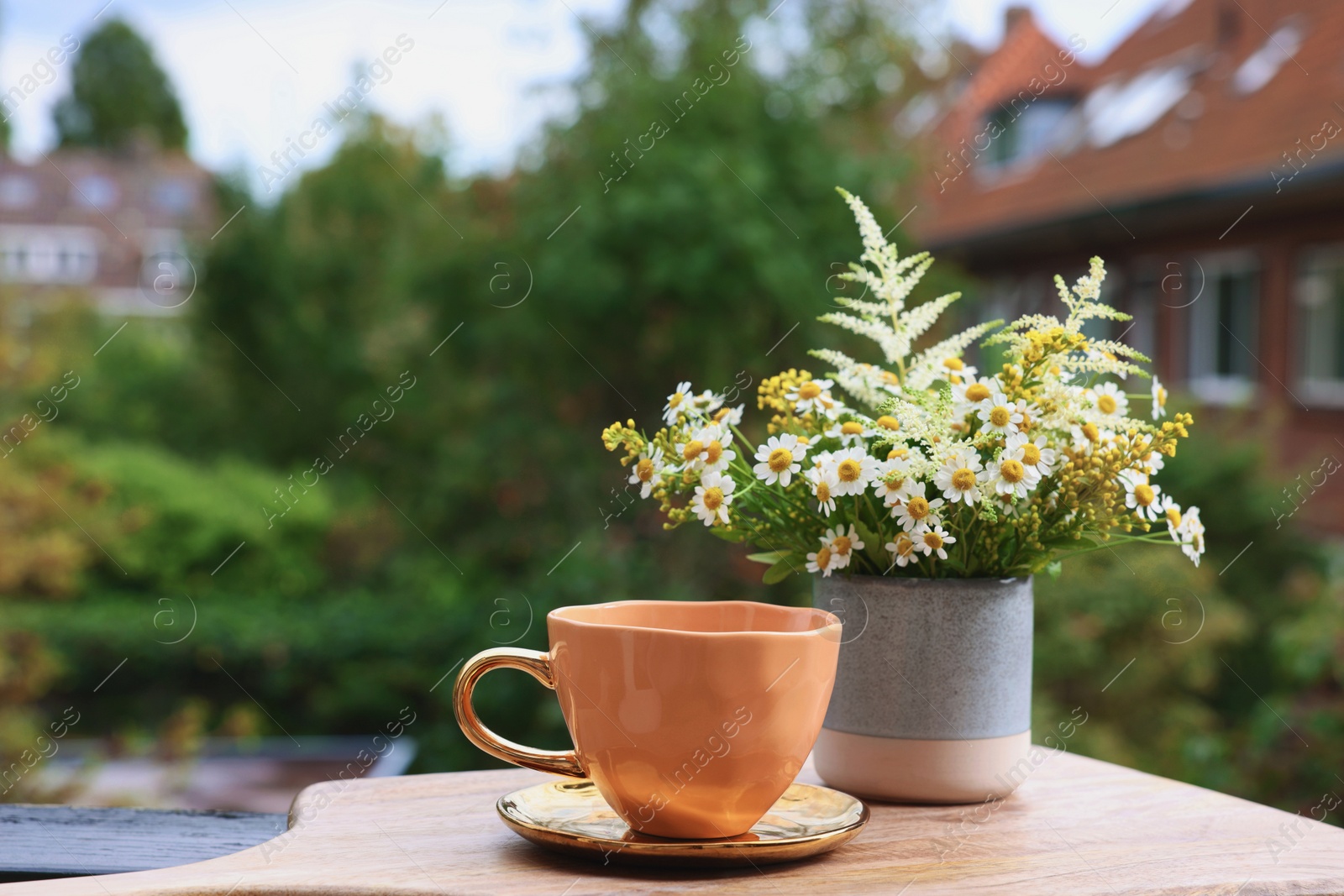 Photo of Cup of delicious chamomile tea and fresh flowers outdoors. Space for text