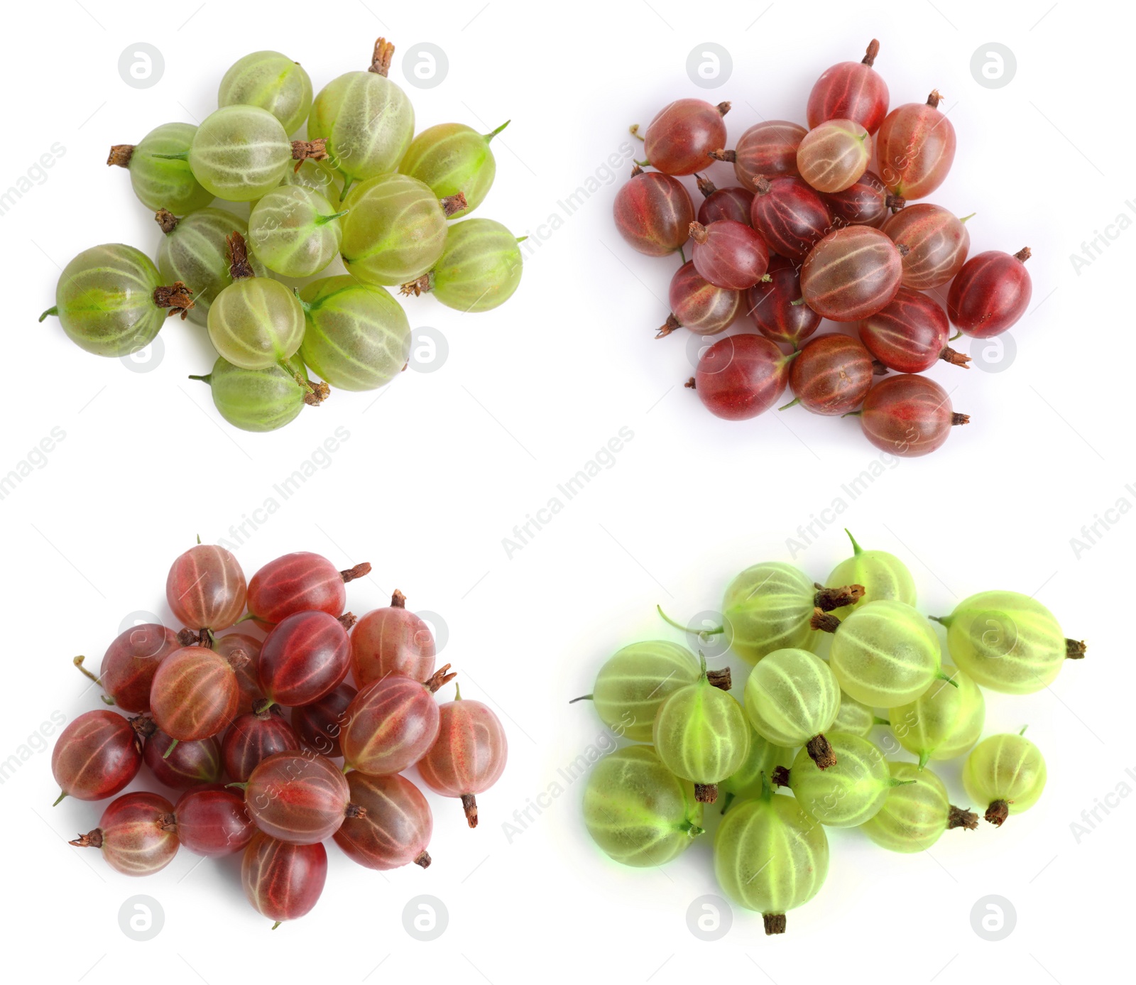 Image of Set with fresh ripe gooseberries on white background, top view