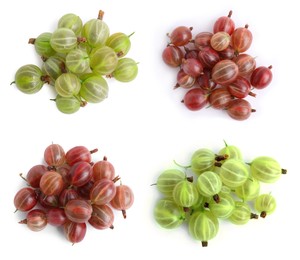 Image of Set with fresh ripe gooseberries on white background, top view