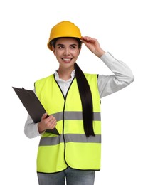 Engineer in hard hat holding clipboard on white background