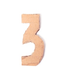 Photo of Number 3 made of brown cardboard on white background