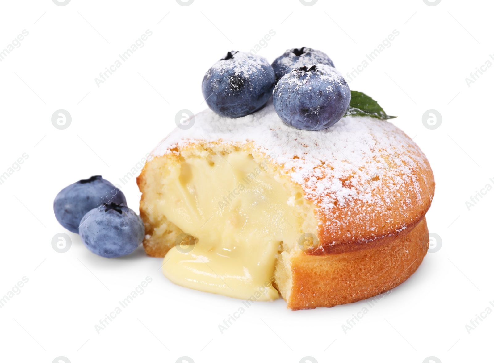 Photo of Tasty vanilla fondant with white chocolate and blueberries isolated on white