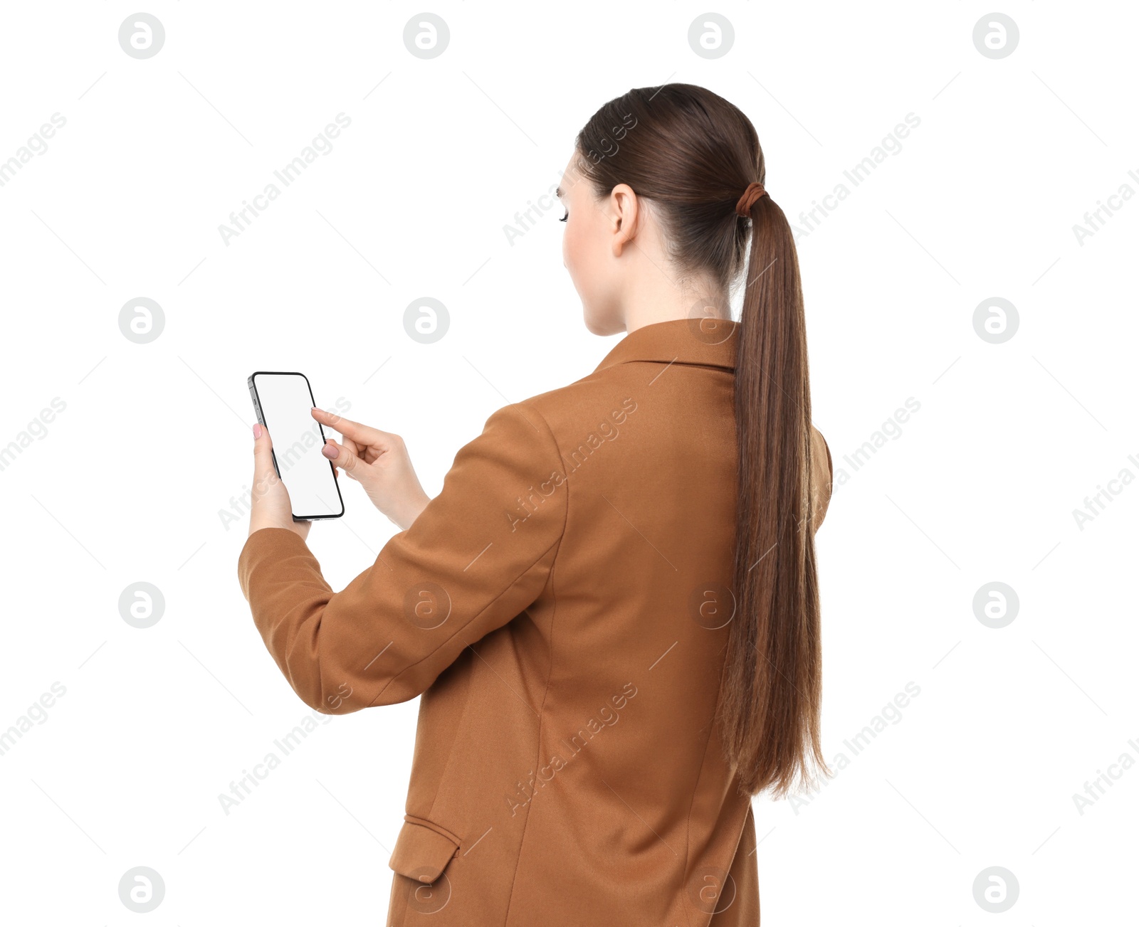 Photo of Woman using smartphone with blank screen on white background