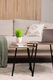 Potted artificial plant, laptop and books on wooden nesting tables indoors