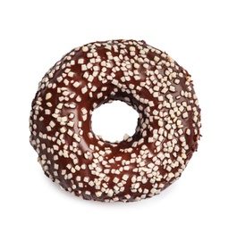 Photo of Delicious glazed doughnut with sprinkles on white background