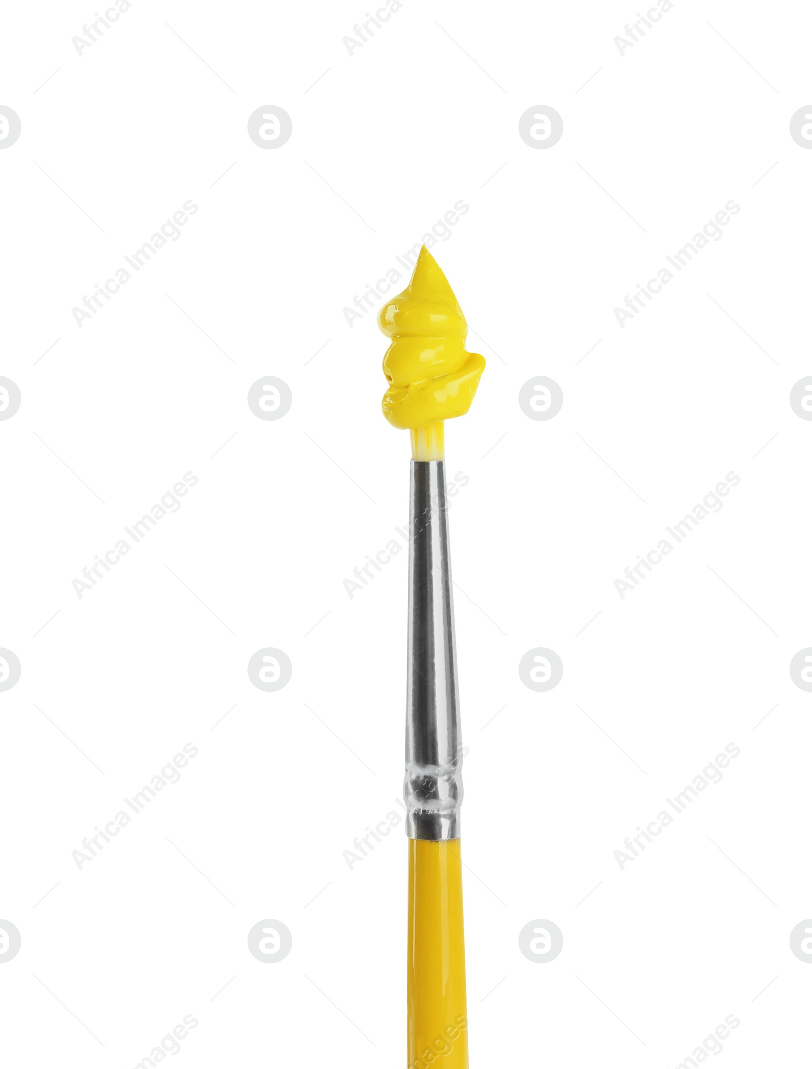 Photo of Brush with yellow paint isolated on white