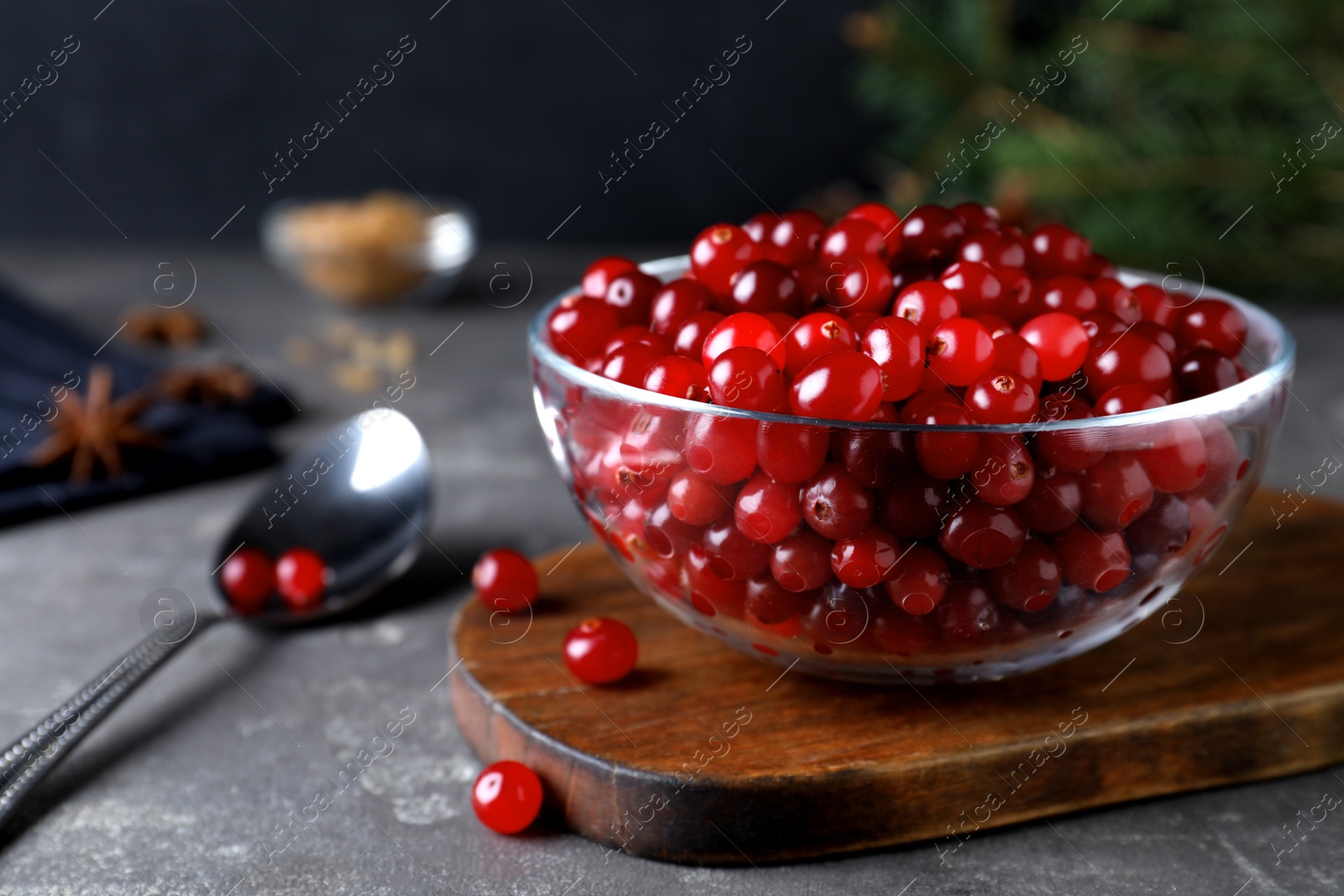 Photo of Fresh ripe cranberries on grey table. Space for text