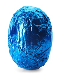 Chocolate egg wrapped in bright blue foil isolated on white