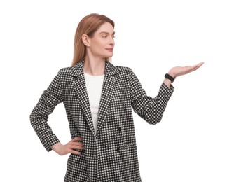 Beautiful happy businesswoman in suit welcoming on white background