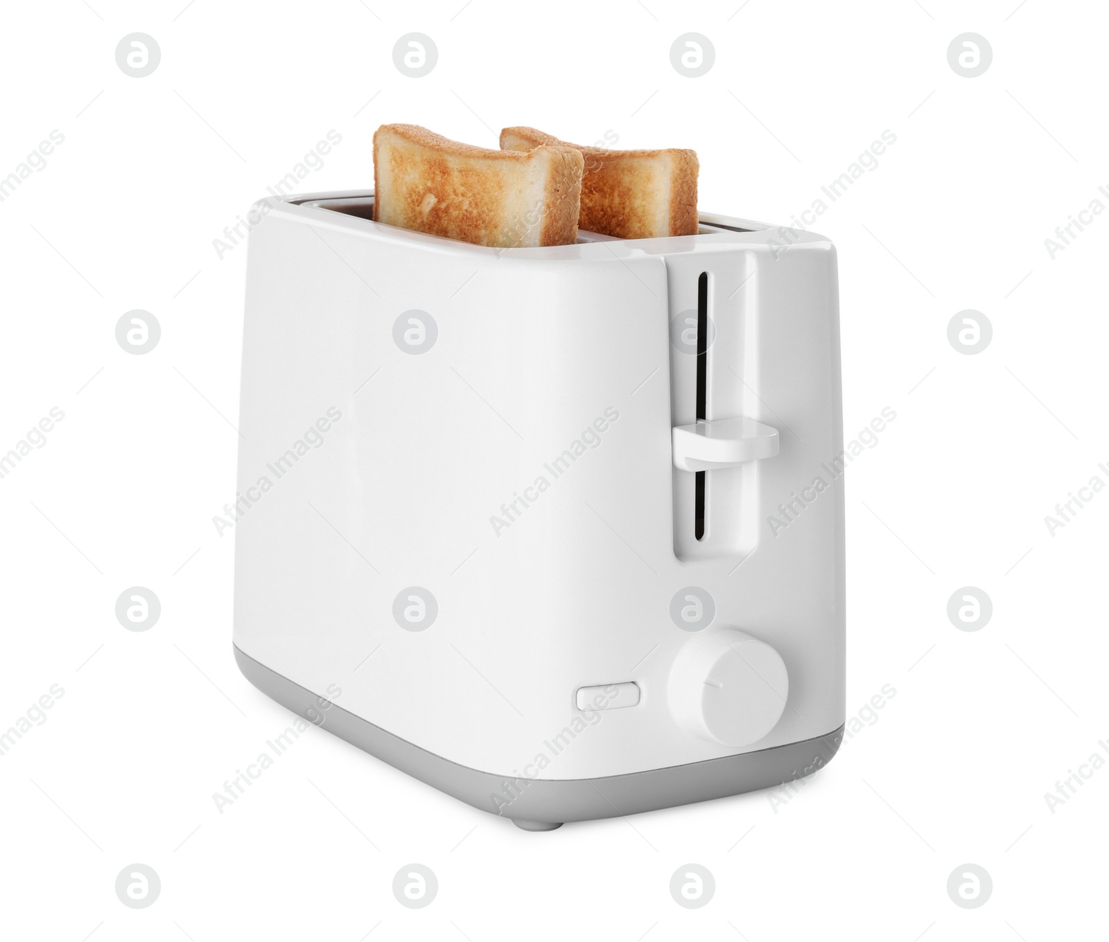 Photo of Electric toaster with bread slices isolated on white