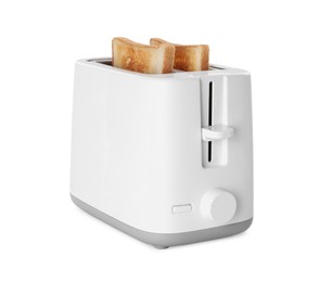 Photo of Electric toaster with bread slices isolated on white