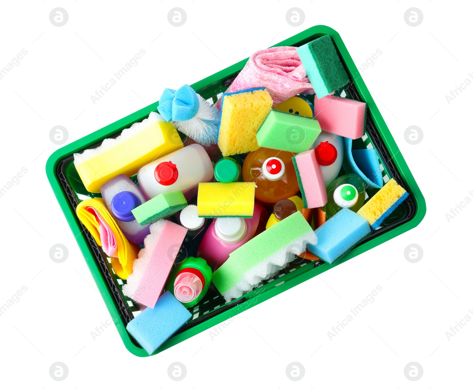 Photo of Shopping basket with different detergents on white background, top view