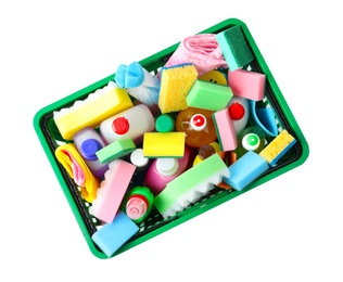 Shopping basket with different detergents on white background, top view