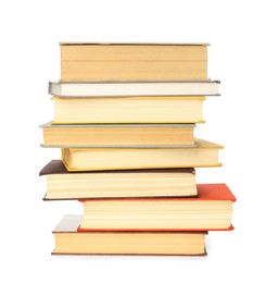 Photo of Stack of library books on white background