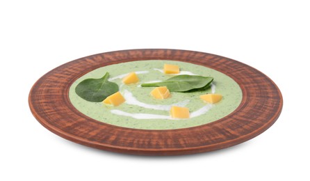 Photo of Delicious spinach cream soup with leaves and cheese in bowl isolated on white