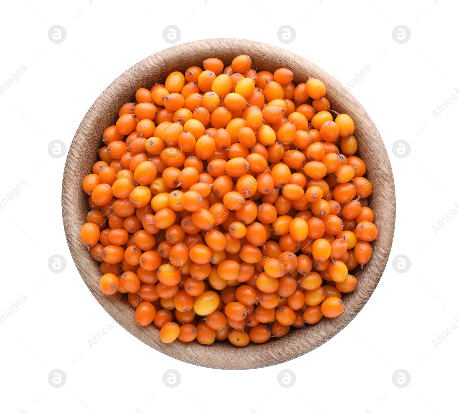 Photo of Fresh ripe sea buckthorn berries in wooden bowl isolated on white, top view