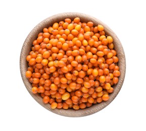 Photo of Fresh ripe sea buckthorn berries in wooden bowl isolated on white, top view