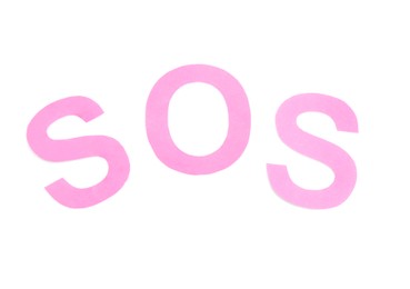 Photo of Abbreviation SOS made of paper letters on white background, top view